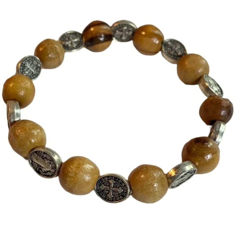 St Benedict Olive Wood Rosary Stretch Bracelet